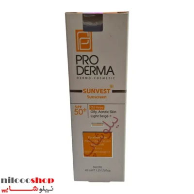 کرم ضد آفتاب رنگی بژ روشن پرودرما SPF50 مناسب پوست چرب و جوشدار حجم 40 میلی لیتر